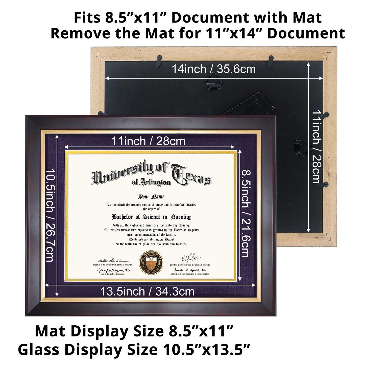 GMFrames 8.5x11 Wood Diploma Frame with Purple Mat or Display 11x14 Certificates without Mat,Tempered Glass,Deep Brown Finish with Gold Trim