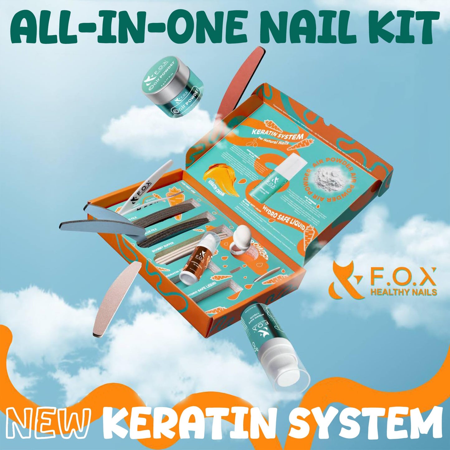 F.O.X Keratin Nail Care Kit – Professional Nail Strengthener & Shine System | Restores Natural Nail Smoothness & Gloss | Manicure Kit with Keratin Cream, Air Powder & Tools