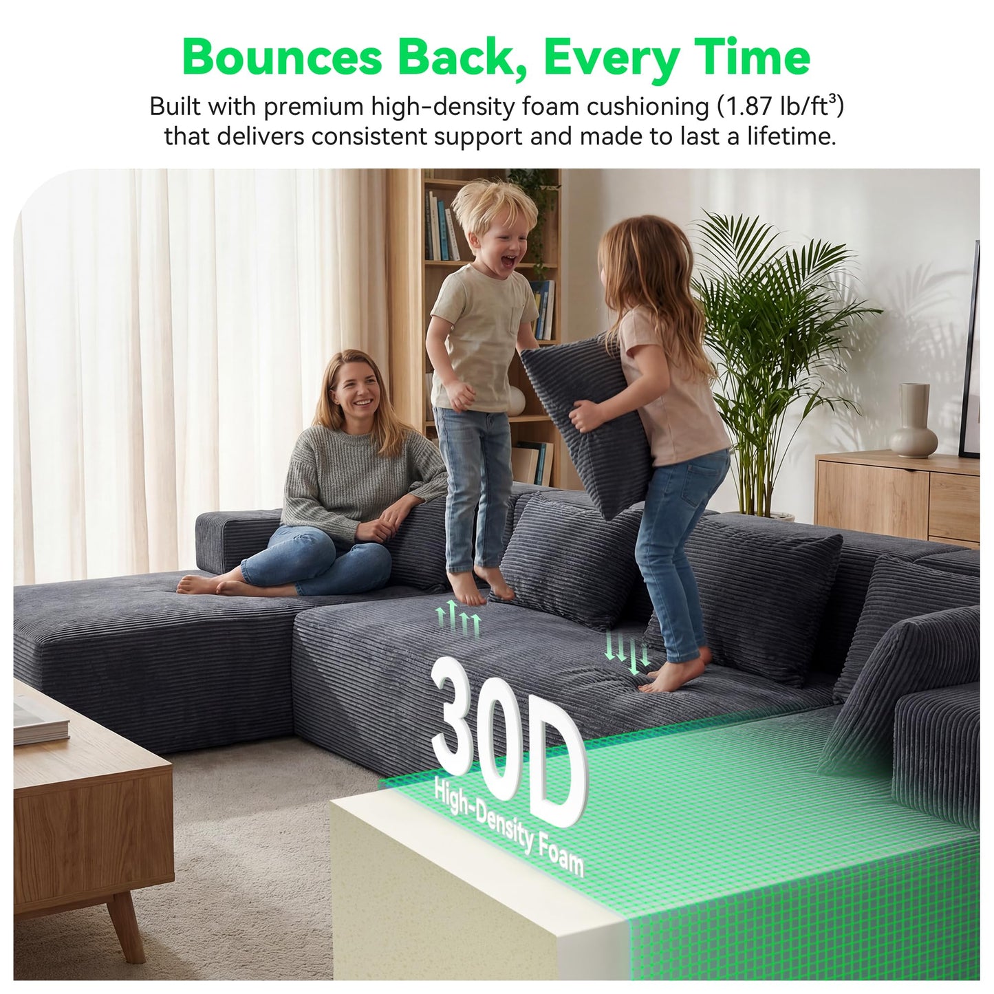 MONVANE 141'' Modular Sectional Sofa, PRO Version U-Shape Boneless Couch, Oversized Deep Seating Cloud Couch, No Assembly, High-Resilience Foam, Soft Corduroy Fabric, for Living Room Apartments Grey
