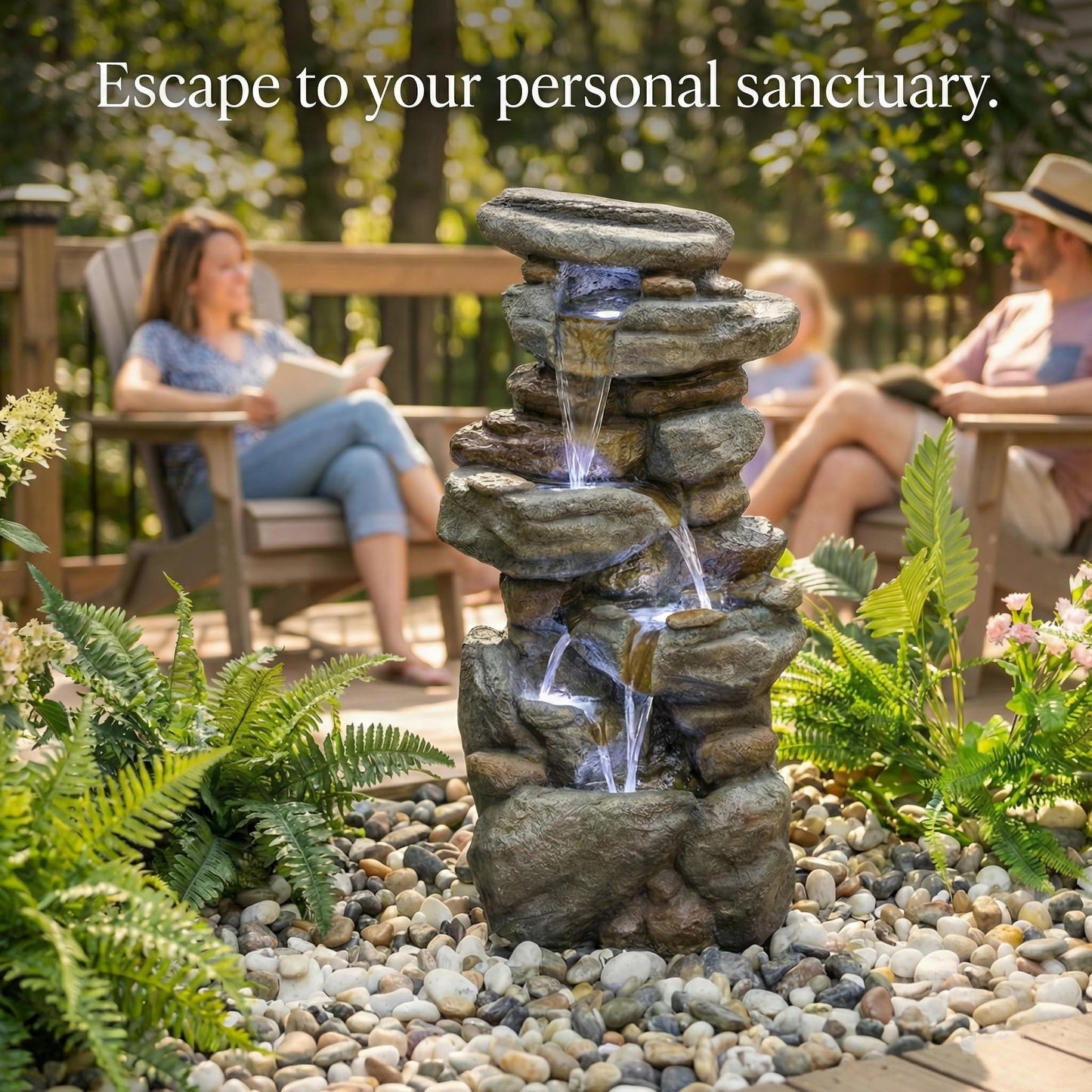 Outdoor Water Fountain Large - Stone Fountains with LED Light for Patio Yard Garden Backyard Decking Outdoor or Entryway Decor 30''