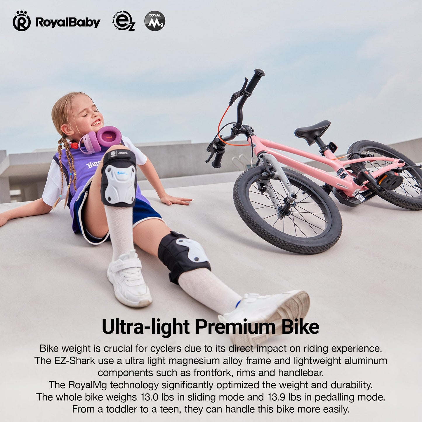 RoyalBaby EZ-Shark Ultra-Light 16 Inch Kids Bike Beginners Learning Bicycle Lightweight Alloy Boys Girls Ages 4+ Years, Pink