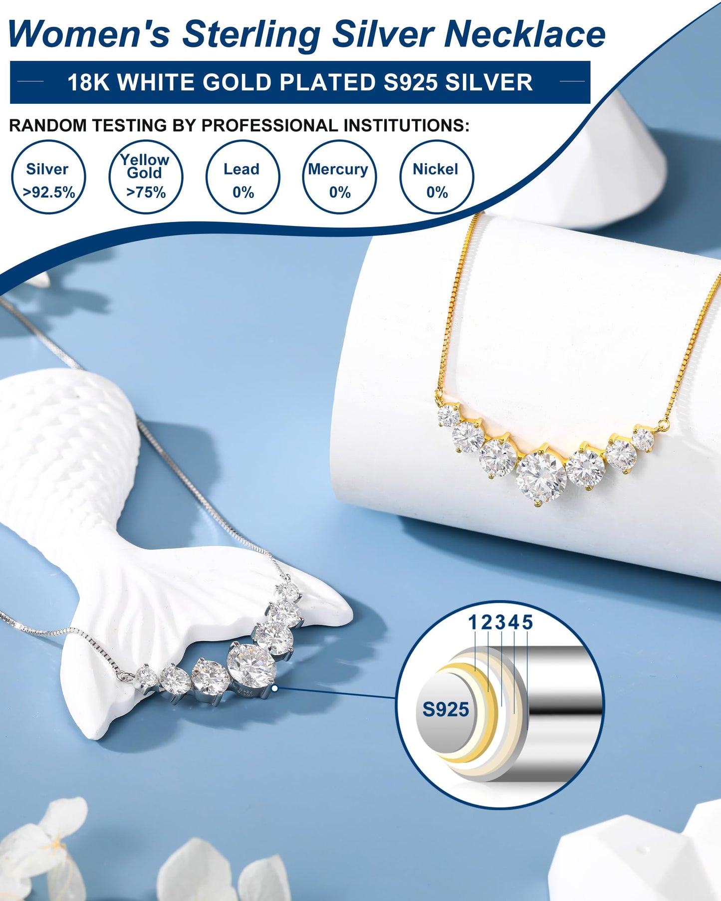 Moissanite Necklace for Women, 2.8 Carat Lab Grown Moissanite Pendant 18k White Gold Plated Sterling Silver 7 Stones Smile Pendant Necklace, Fashion Necklace with 16.5+2.5 inch Adjustable Box Chain