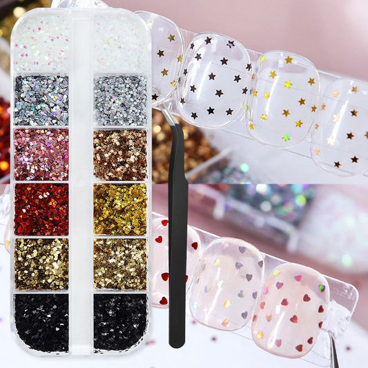 1 Box 12 Color Holographic Hearts Star Nail Glitter Tiny Heart Nail Sequins 3D Red Gold Nail Flakes Sparkly Powder Flakes Shiny Nail Glitter Valentine's Day Nail Sequins Glitter for Nails Art 12 Grids