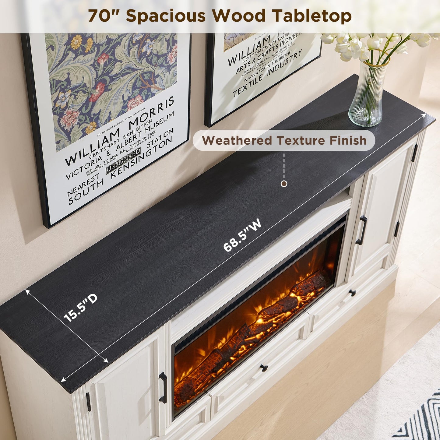 ACCOHOHO Fireplace TV Stand for 80 Inch TV, 35.7" Tall Farmhouse Entertainment Center W/36'' Electric Fireplace, Media Console with Large Storage Cabinets and Drawers for Living Room, Antique White