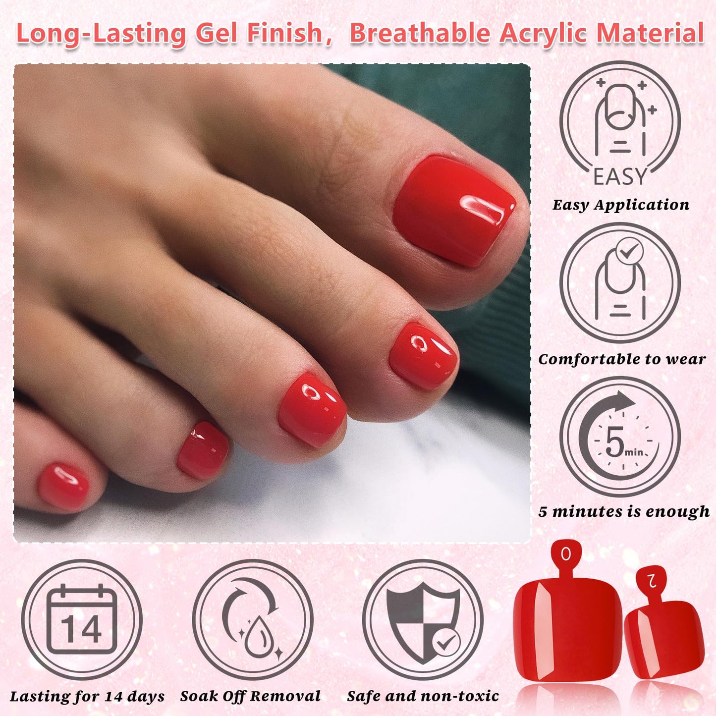 EternalClassic 144pc Press on Toenails for Women Toe Nail Press ons Short Square with Glue&Jelly Glue, Hot Red Fake Toe Nails Glue on Toe Nails, Full Cover Acrylic Artificial Toe Press on Nails