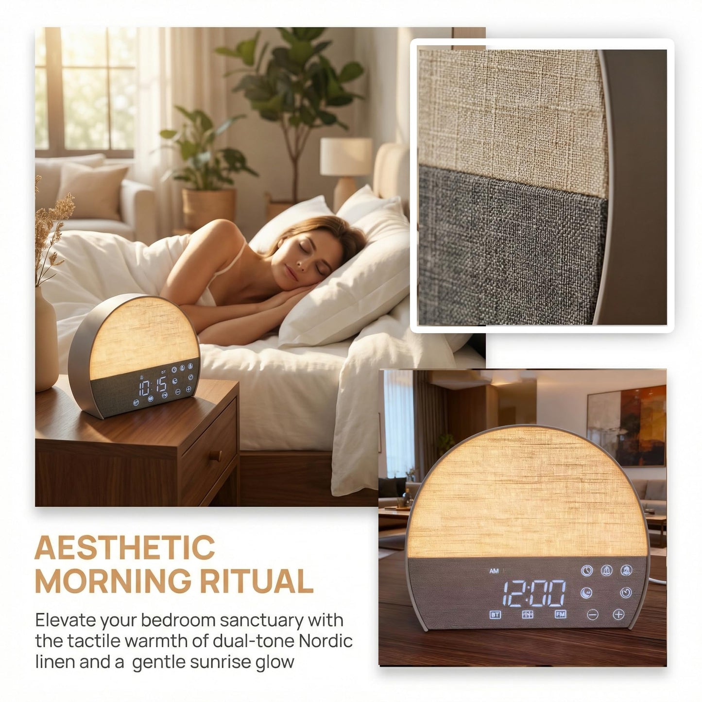PAWPAWSEN Sunrise Alarm Clock with Bluetooth Speaker & FM Radio - Dual Wake Up Light, 30 Soothing Sounds, Sunset Sleep Aid, Minimalist Aesthetic for Heavy Sleepers, Kids & Bedroom Decor