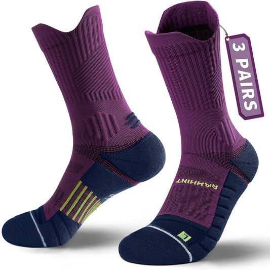 Rahhint Compression Running Socks 3 Pairs, Cushion Crew Socks, Anti-Blister Moisture Wicking Athletic Hiking Basketball Socks