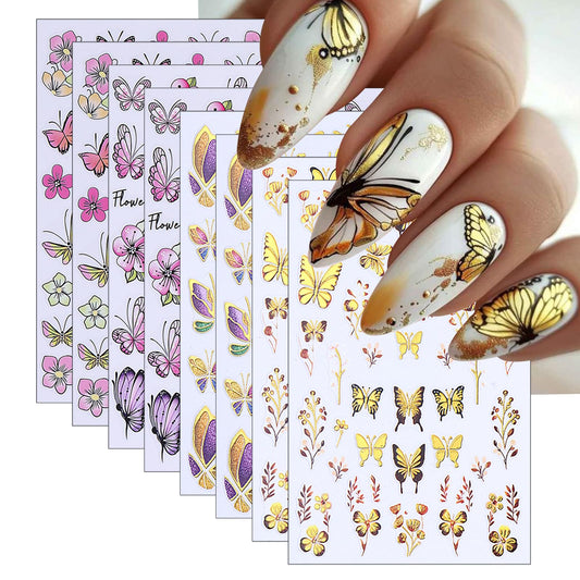 8 Sheets Gold Edge Butterfly Nail Stickers 3D Self Adhesive Holographic Colorful Butterfly Cherry Blossoms Decals Spring Glitter Gold Flower Design Supplies for Women Girls Manicure Decoration