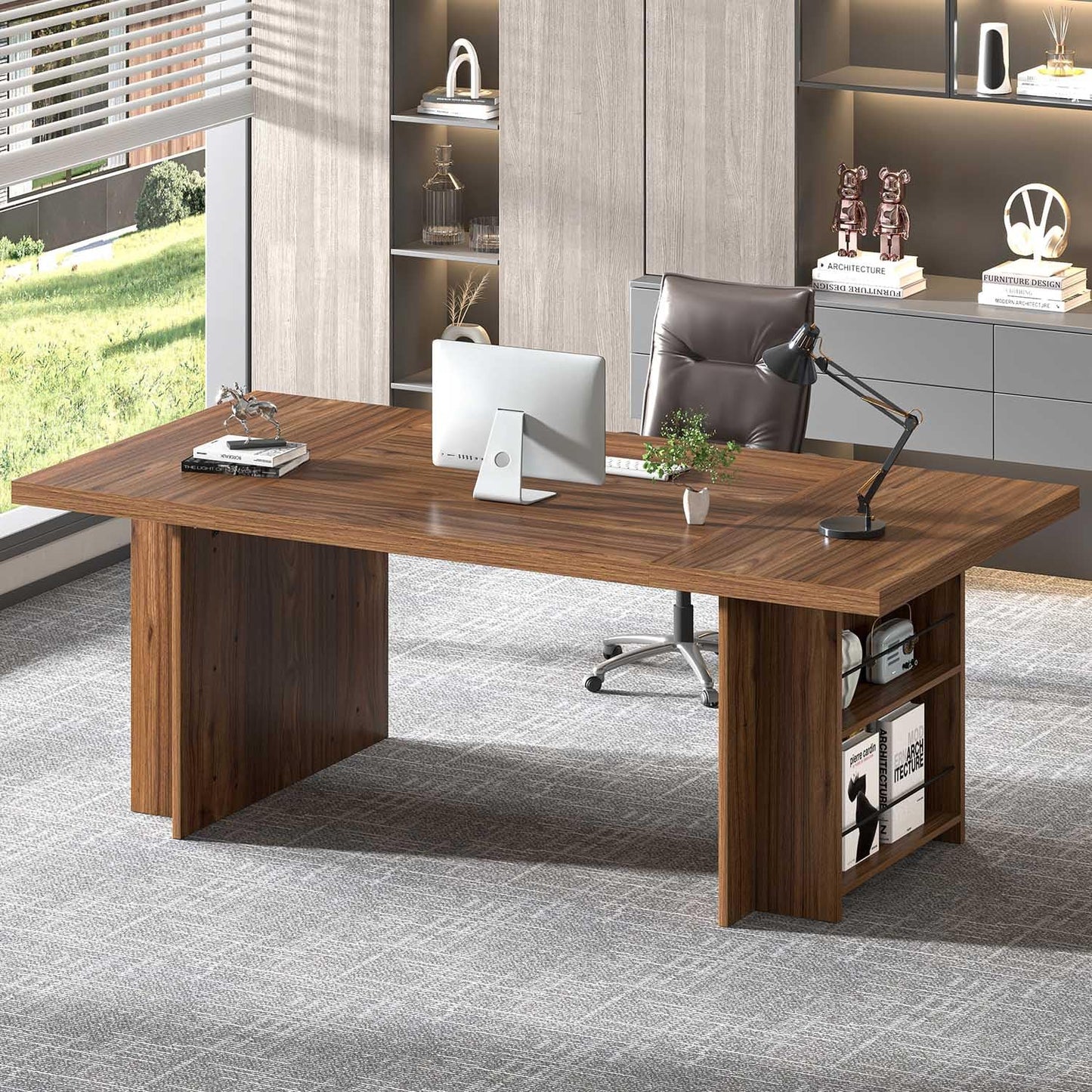FOLUBAN 70 Inch Executive Desk, Large Computer Desk for Home Office, Long Study Writing Gaming Table for 2 Person, Modern Wood Conference Table Workstation, Rustic Walnut