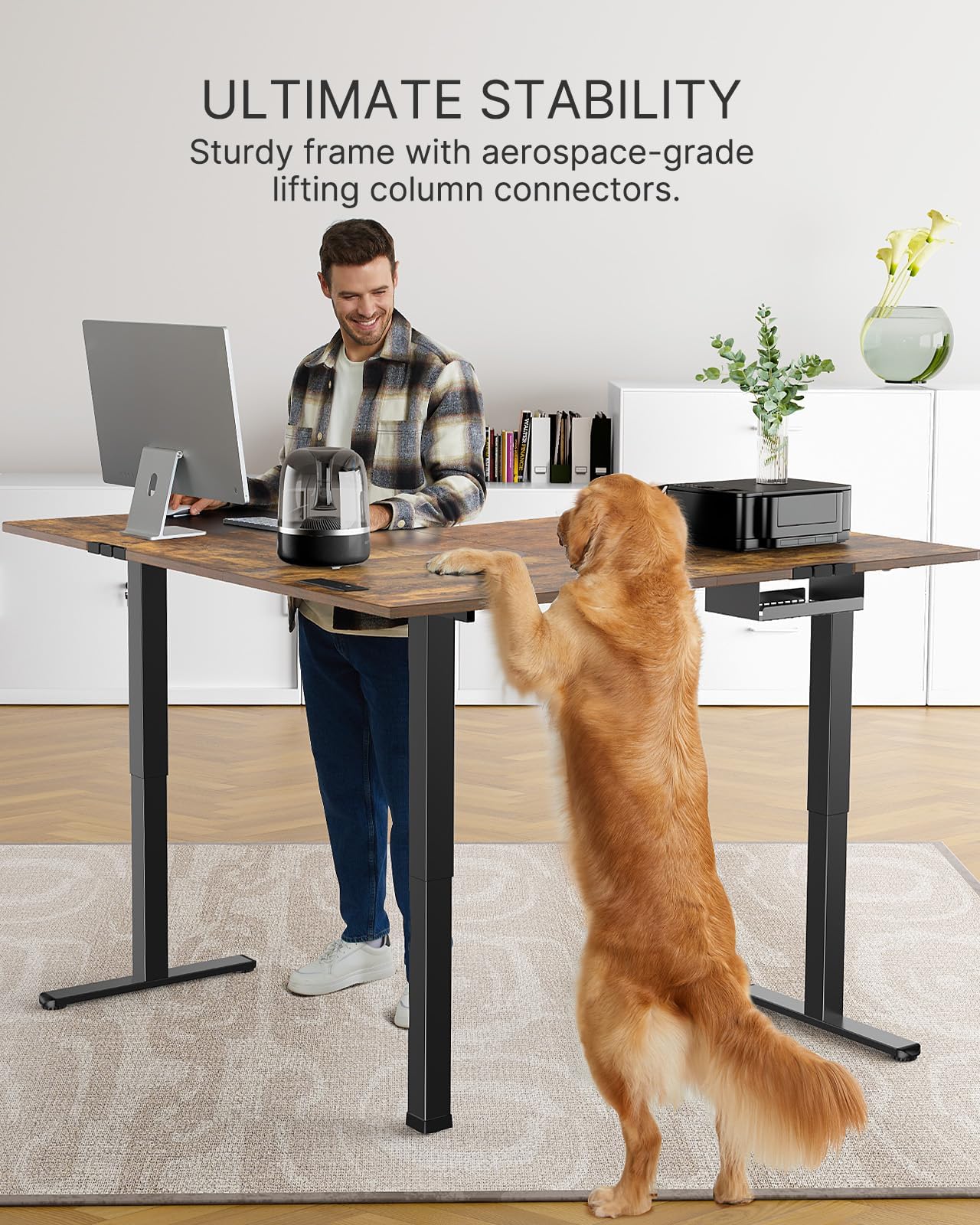 Marsail 63×55 in Electric Corner L-Shaped Standing Desk with 4-in 1 Electical Outlet, Computer Desk with Headphone Hook, Memory Sit Stand up Home Office Table, Ergonomic Gaming Table,Brown