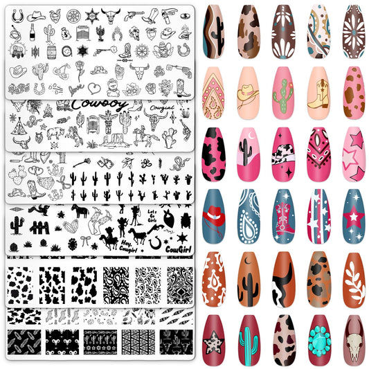 Whaline 6 Pcs Western Nail Plates Stamping Set Cowboy Cowgirl Stamp Templates Nail Art Plates for DIY Print Manicure Salon Design