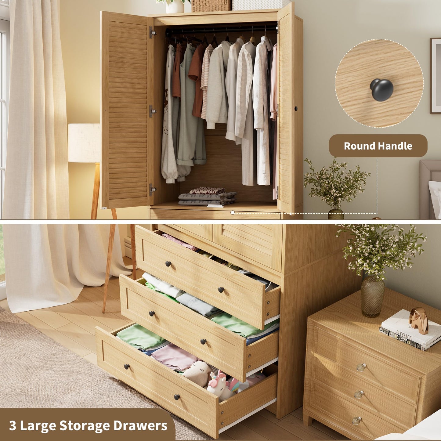 GarveeHome Armoire Wardrobe Closet with Drawers, 69.5 in Wooden Wardrobe Cabinet with Hanging Rod, 2 Doors Clothing Storage Cabinet for Bedroom, Large Capacity Storage, Louvered Door, Natural