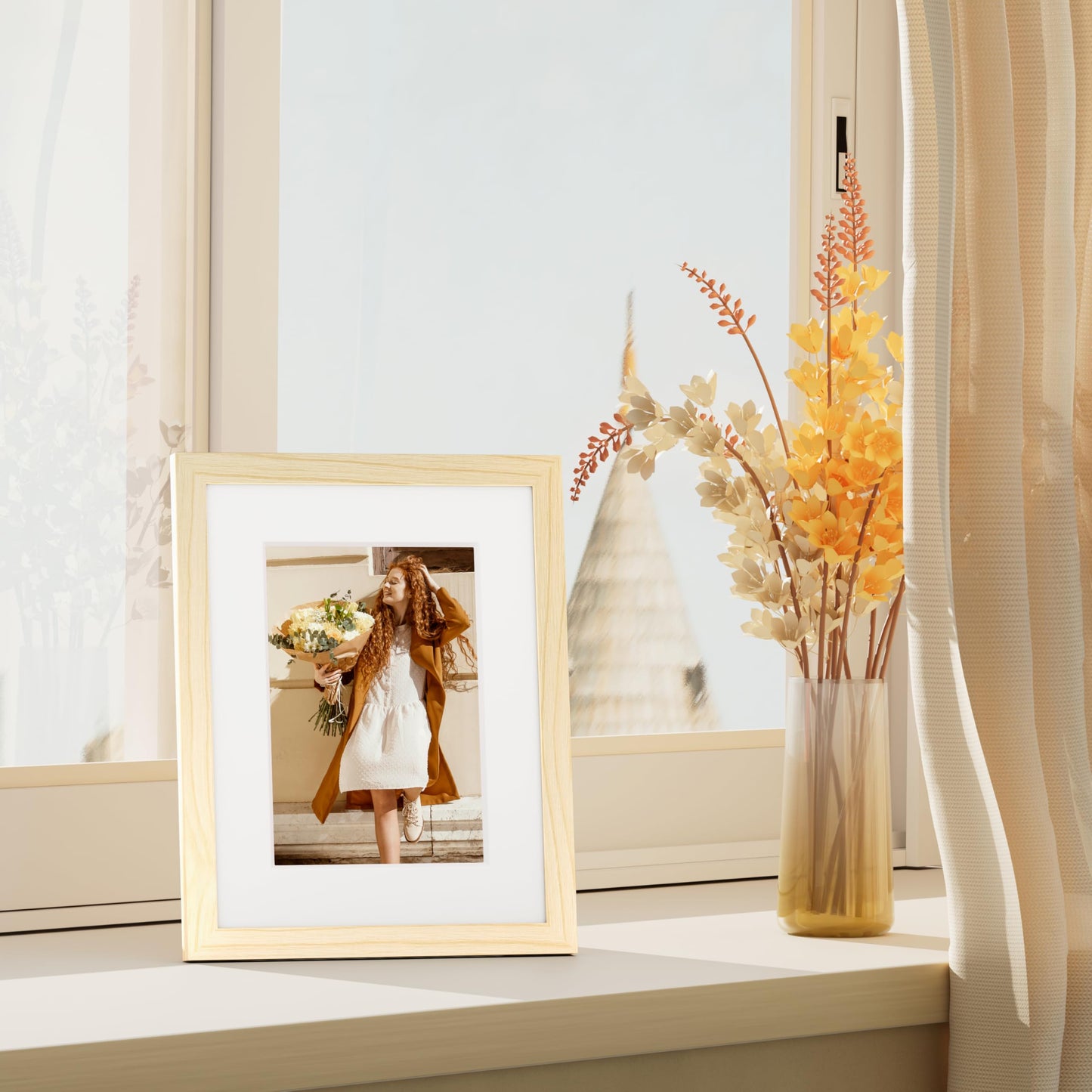 Vittanly 11x14 Picture Frame Set of 4, Display Pictures 8x10 with Mat or 11x14 without Mat, Engineered Wood with Shatter Resistant Plexiglass, Photo Frames for Wall or Tabletop Display, Natural Wood