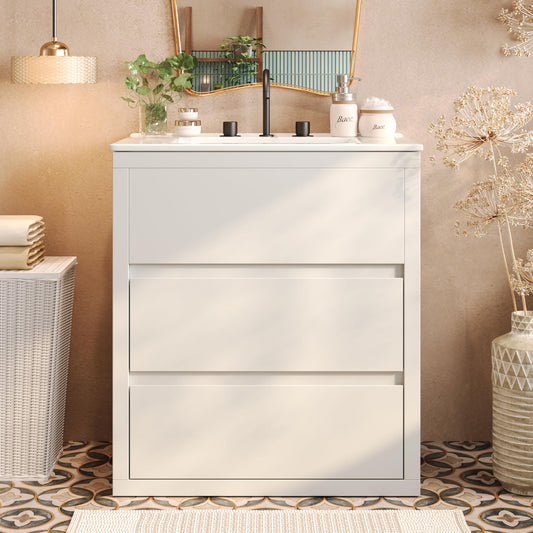 Christopher Knight Home Polla 30" Bathroom Vanity with Ceramic Sink, Wooden Bathroom Vanity Organizer, Soft Closing Door Bathroom Vanity Cabinet, Freestanding Pedestal Sink Storage Cabinet, White
