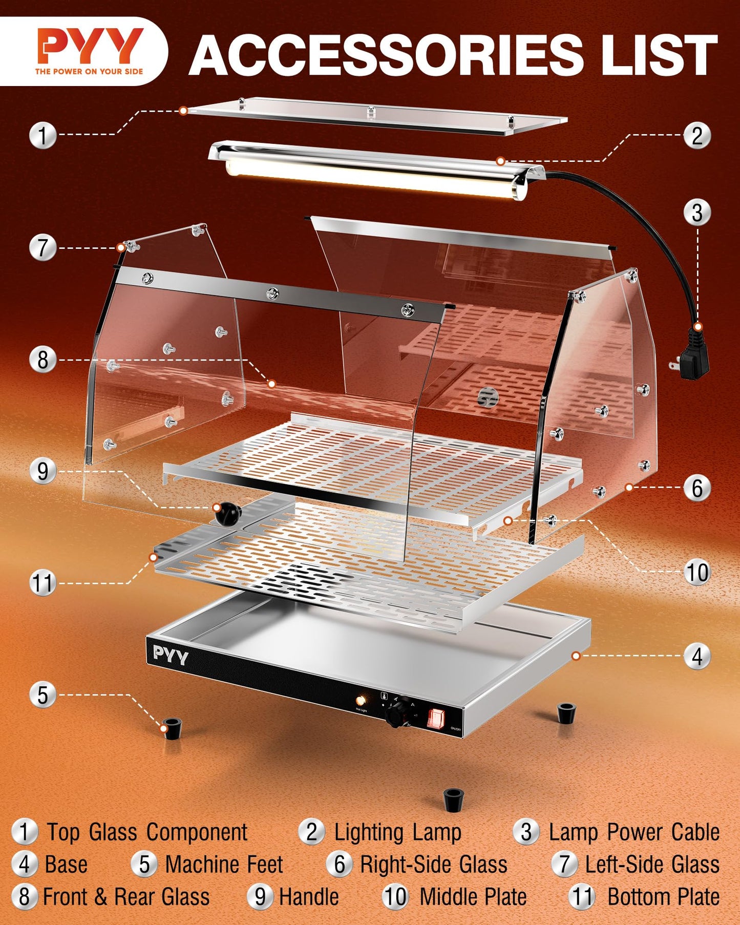 PYY Commercial Food Warmer Display, Electric Countertop Food Warmer with LED Lighting Adjustable Glass Door, 2-Tier Pastry Display Case for Buffet Restaurant Silver