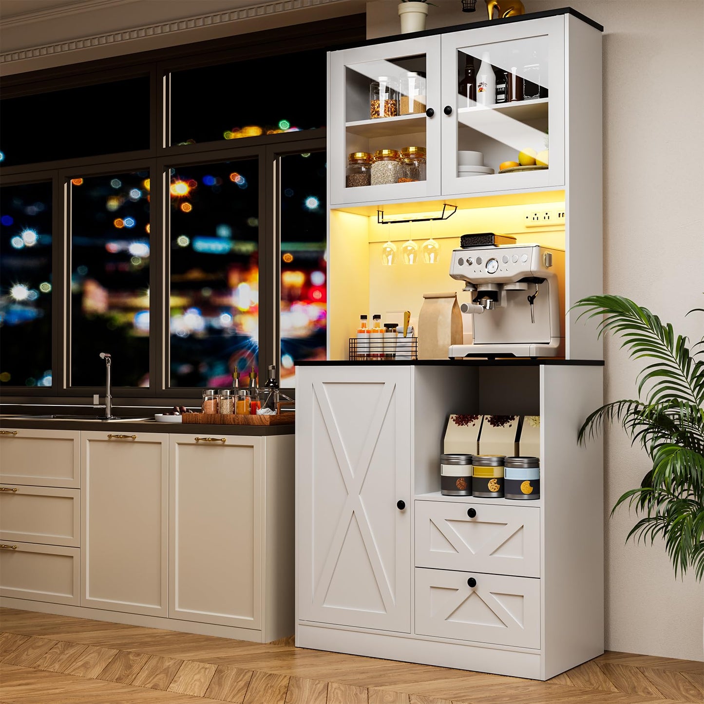 Frmobepts 71‘’Kitchen Pantry Storage Cabinet with LED Lights and Power Outlet, Tall Farmhouse Kitchen Hutch with Microwave Stand,Globet Hooks and Adjustable Shelf for Dining Living Room,White