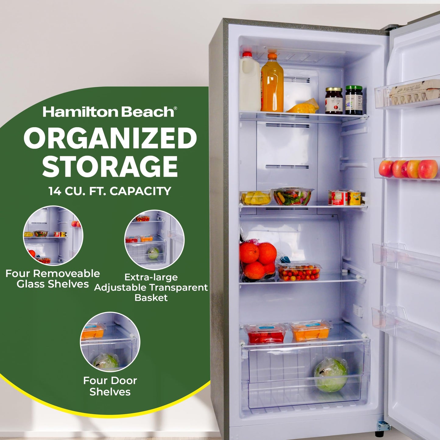 Hamilton Beach HBFRF1495 14 cu ft Upright Convertible Fridge/Freezer-Frost Free-Removable Glass Shelves-LED Interior Light, Stainless