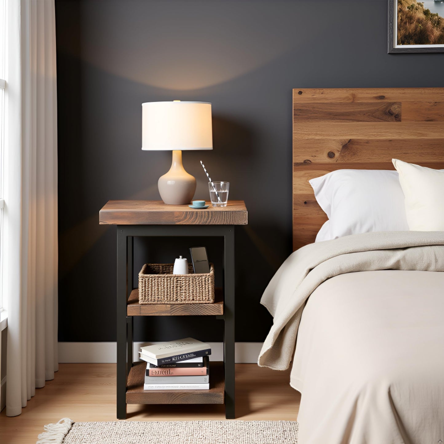 Alaterre Furniture Pomona Living Room 3-Tier Solid Wood End Table with Metal Legs & Storage Shelves – Modern Rustic Industrial Space-Saving Side Table or Nightstand (Rustic Brown)