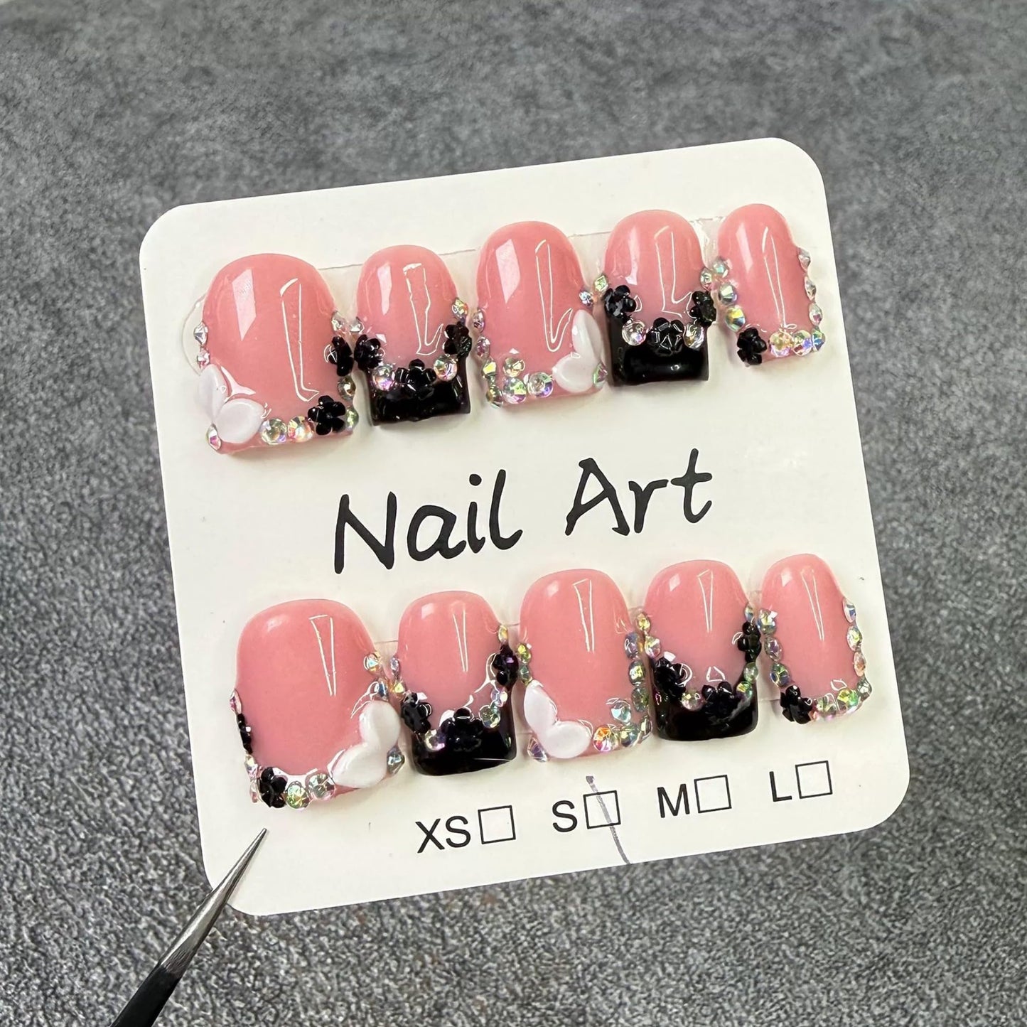 Handmade Press on Nails Short Square Black French Tip Thick Acrylic Fake Nails 3D Floral False Nails with Rhinestones Designs Luxury Full Cover Stick on Nail for Women Nail Art DIY 10Pcs (Size M)