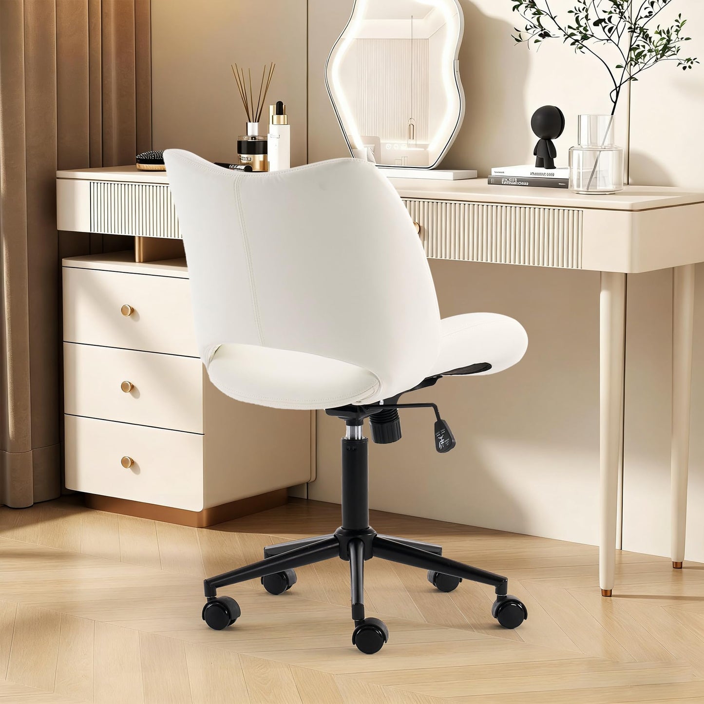 ROHASID Armless Desk Chair, Comfy Armless Office Chair with Wheels, Height Adjustable Faux Leather Desk Chairs for Office, Swivel Vanity Chair with Back for Bedroom, Reading Nook, White