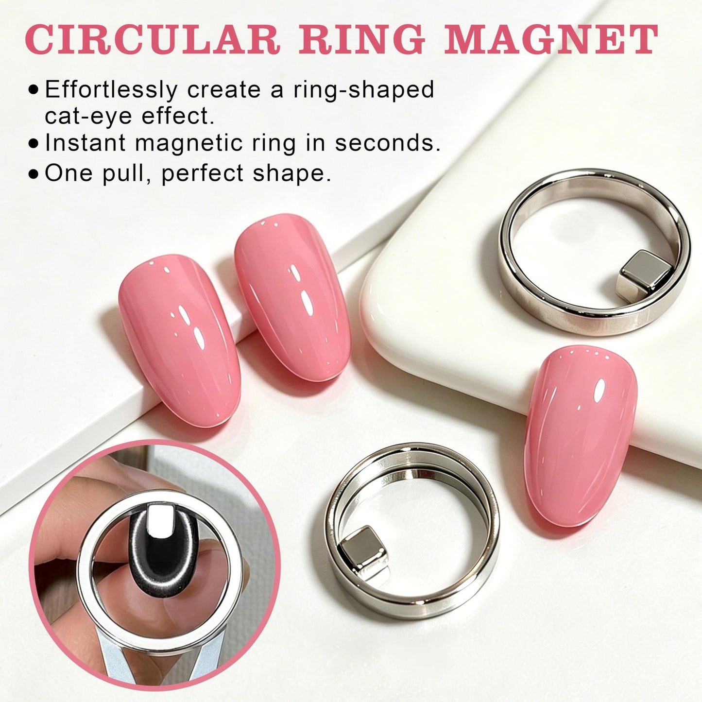 New Cat Eye Nail Magnet Tool Set, Ring-Shaped Cat Eye Magnet for Nails, Portable Hollow Circular Cat Eye for Home DIY, Beginners & Nail Artists (2*Circular Magnet+2*Two Tip Scissor Tool+2*Tool Kit)