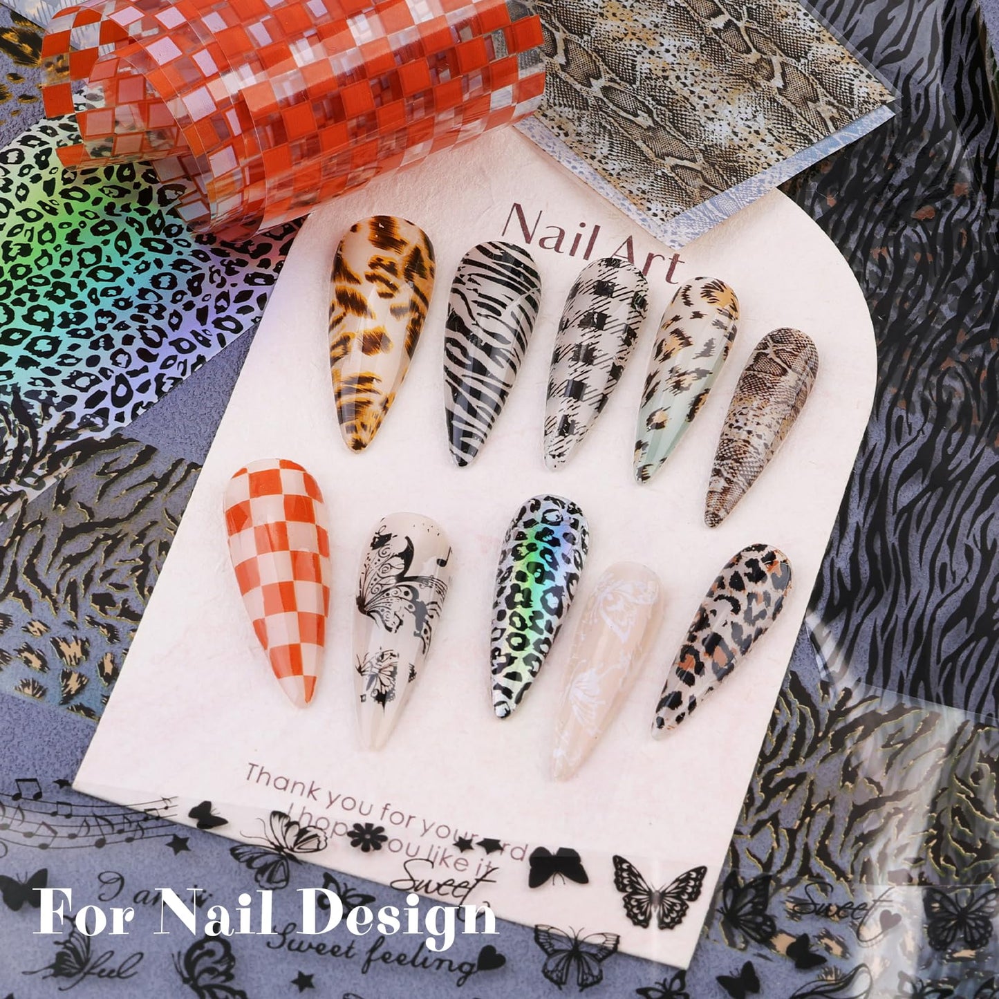 10 Rolls Nail Art Foils Transfer Stickers, Butterfly Plaid Snake Leopard Lace Nail Decals for Acrylic Gel Nails, Holographic Nail Foil Sticker Transfers Supplies for Women Manicure Tips Pegatinas Uñas