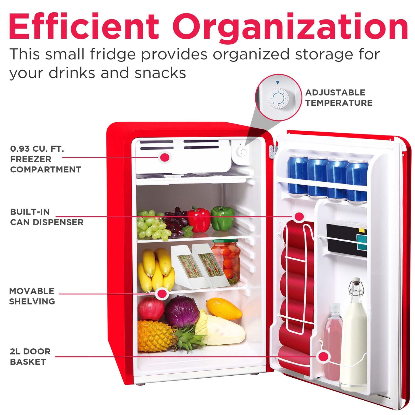 Frigidaire Retro Compact Refrigerator with Chiller, 3.2 cu ft Countertop Fridge, Built-In Bottle Opener, Rounded Corners, Premium, for Office, Bedroom, Dorm Room, Cabin, 18.5D x 20W x 31.5H (Red)