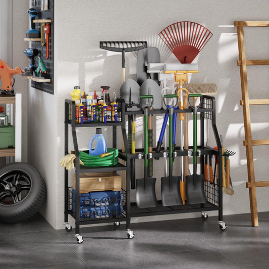 keomaisyto Garden Tool Organizer with 6 Wheels(3 lockable), Heavy Duty Yard Tool organizer with 2 Basket, Large Metal Garage Tool Organization and Storage for Garage/Shed/Yard/Broom Closet/Lawn