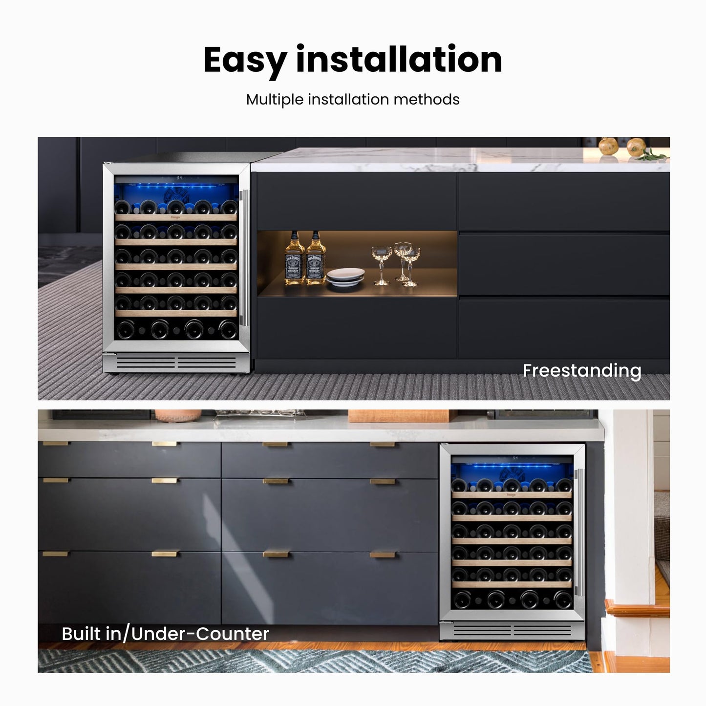 Yeego 24 Inch Wine Fridge Cooler - 52 Bottles Wine Cooler with Glass Door, 40-65℉ Built-In or Freestanding Refrigerator, Under Counter Wine Fridge for Kitchen Bar Office (Left-Hinged)