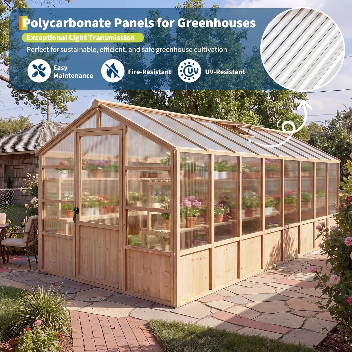 8X16 ft Outdoor Wooden Greenhouse with Lockable Door, Adjustable Roof Vent & Polycarbonate Panels, UV Protection, Large Cedar Wood Walk-in Green House for Garden, Backyard, Patio, Lawn, Light Brown