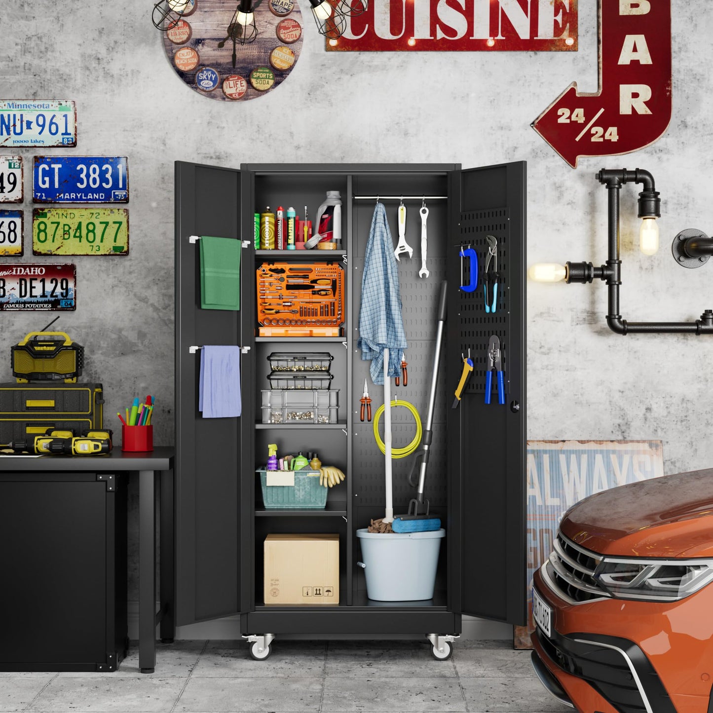 Broom Closet Storage Cabinet with Wheels and Pegboard,Metal Garage Storage Cabinet with Doors and Adjustable Shelves for Garage Home,Required Assembly,Black
