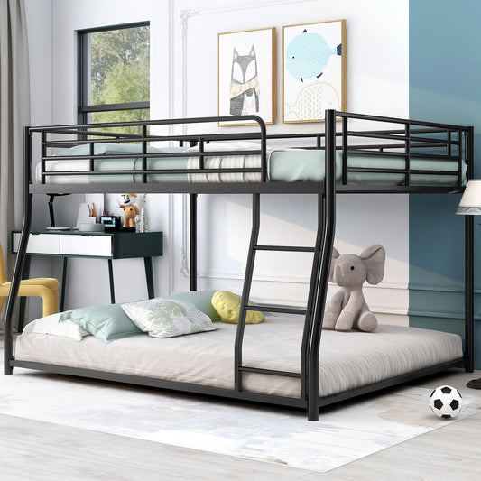 Bellemave Metal Full XL Over Queen bunk Bed, Floor Twin XL Over Queen Bunk Bed Frame with Ladder and Guardrails,Black no slats