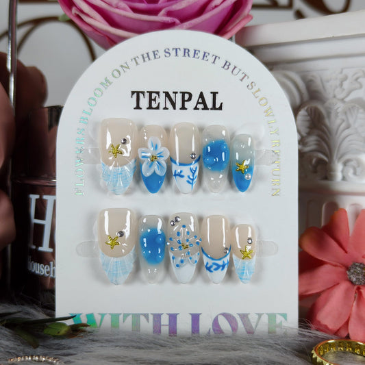TENPAL Blue French Tips Press on Nails Almond with Shell & Hand Painted, Reusable Icy Glossy False Nails for Summer Beach Vacation | Coastal Watercolor Style(XS)