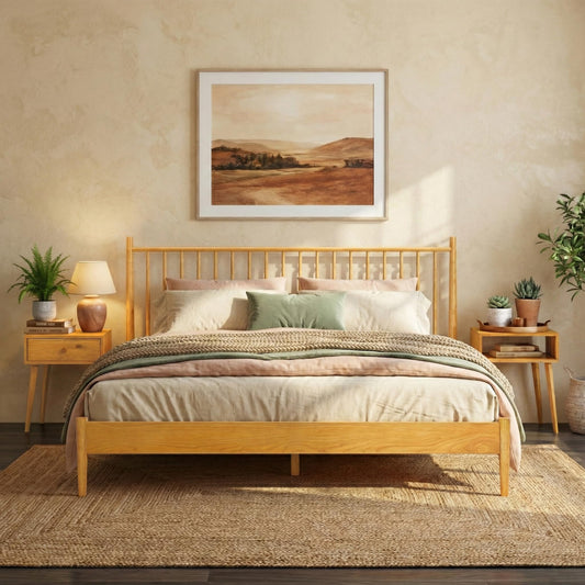 NTC Inno Wooden Bed Frame with Headboard, Solid Oak and Rubber Wood Foundation with Silent Slats and Wood Central Supports, 1000 Lb Capacity, Effortless Assembly, Queen Rustic - Oak
