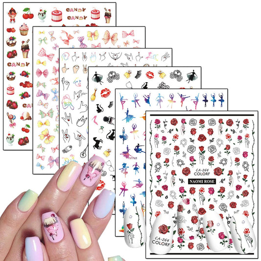 Nail Art Adhesive Sticker Holographic Cake Candy Rose Bow-knot Lips Ballet Gesture Nail Art Decals Design 3D Nail Art Supplies for Women Girls Manicure Tips Charms Decorations DIY Nail Decal(6 Sheets)