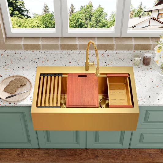 Gold Double Bowls Kitchen Sink, 33" x 22" Drop In Kitchen Sink, 50/50 Double Bowls Farm Sink, 16 Gauge Stainless Steel Workstation Sink, 33 inch Top Mount Deep Double Sinks