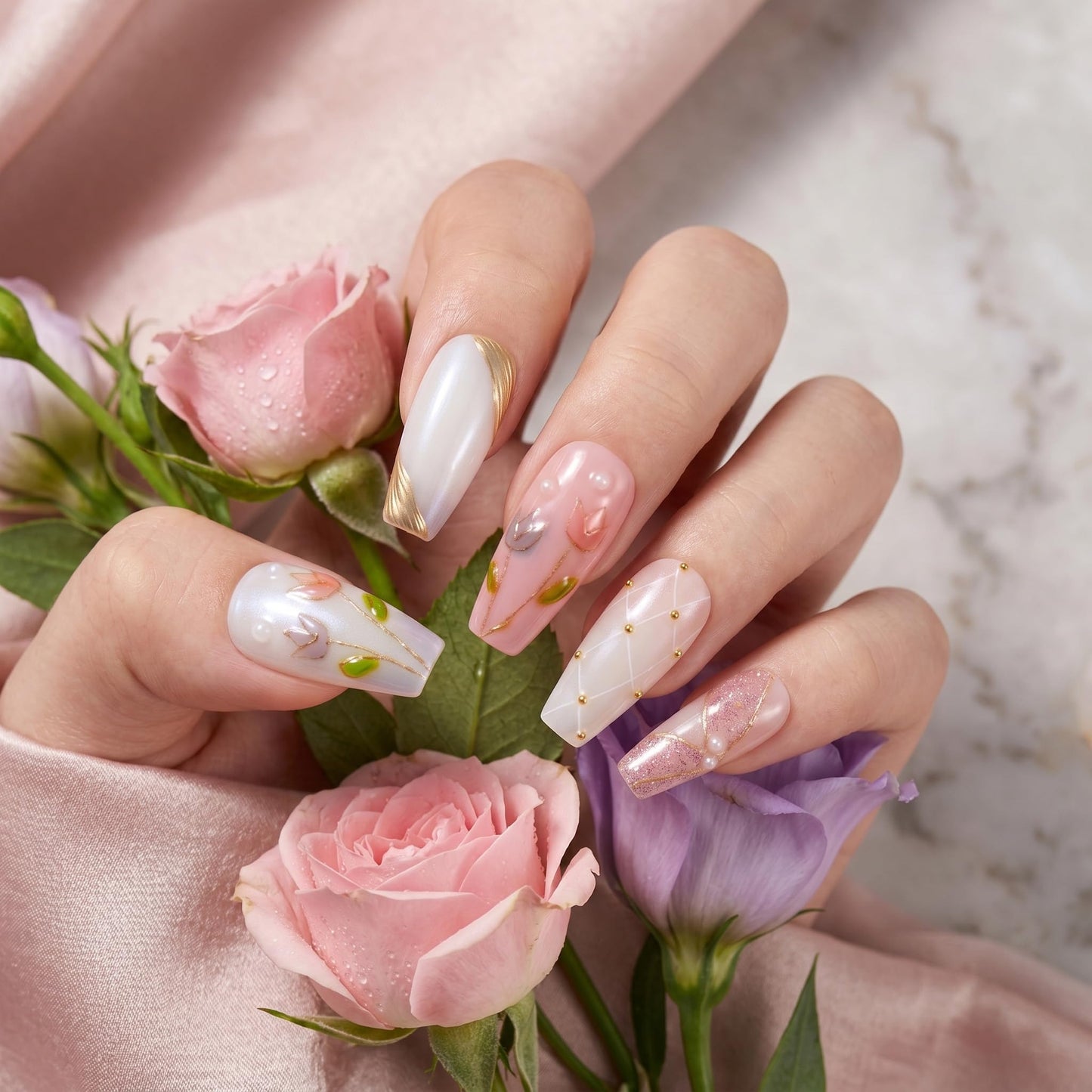 Sun&Beam Nails Handmade Press-On Nails Medium Ballerina Milky White Soft Pink Floral Gold Line Pearl Accents Subtle Shimmer False Nails 10 Pieces (#056 M)