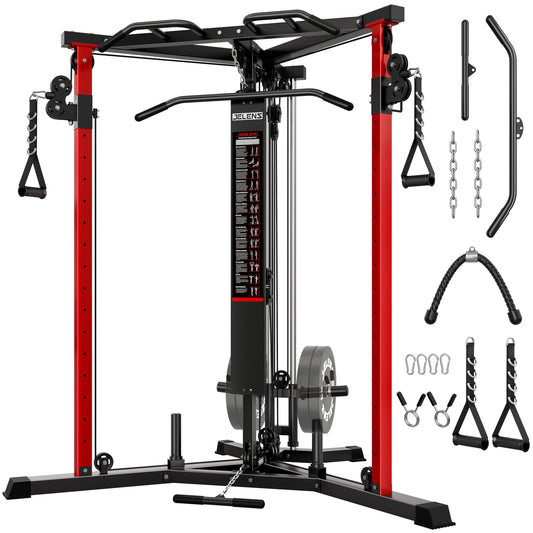 JELENS CC01 Fitness Cable Crossover Machine with High and Low Pulley System, Functional Trainer with with Pull Up Bars and Optional Bundle (Red, CC01 Cable Crossover Machine)