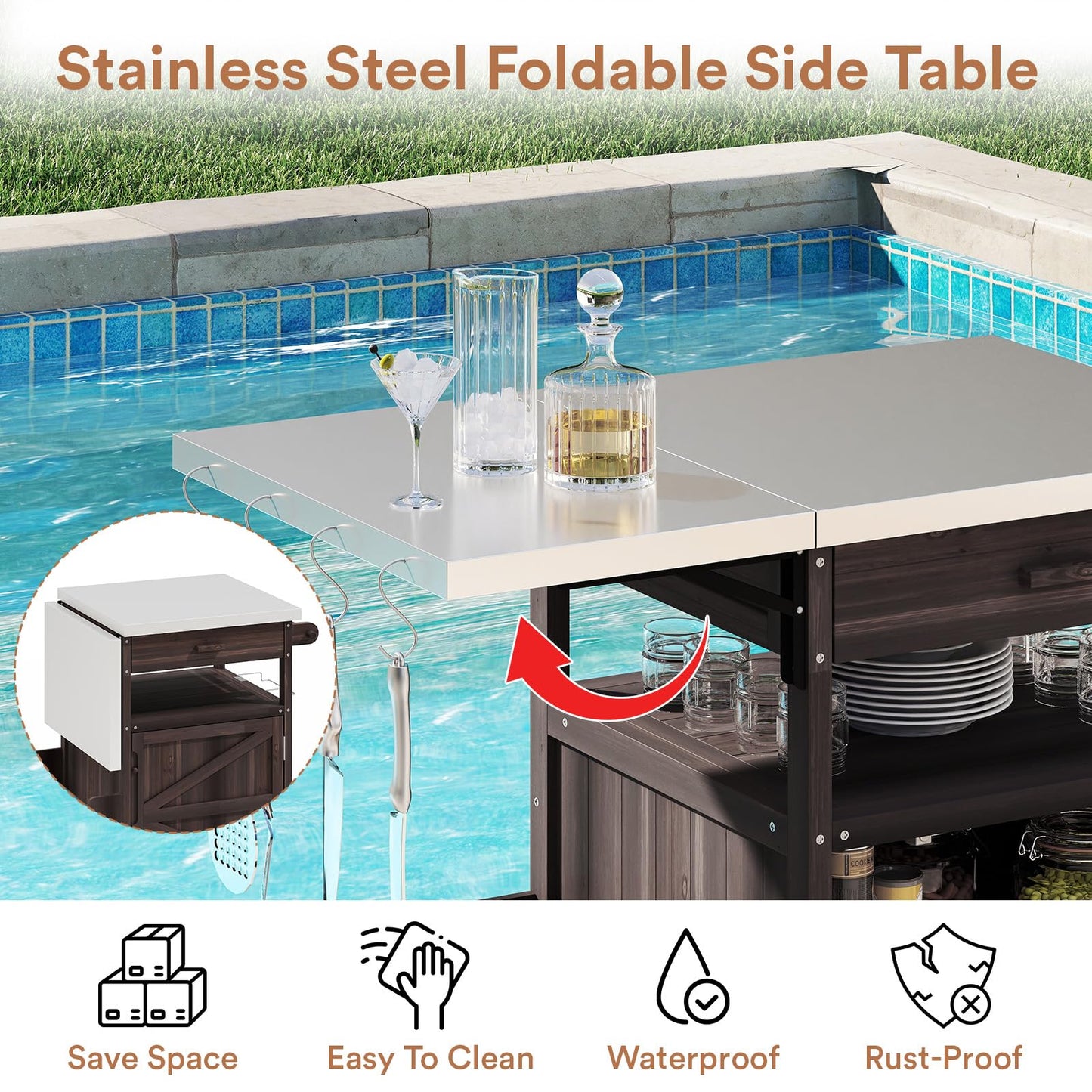 Zevemomo Outdoor Grill Cart with Drop Leaf, Stainless Steel Tabletop Outdoor Kitchen Island, Solid Wood Outdoor Buffet Cabinet with Drawer, Towel Rack, Lockable Wheels for Grilling, Brown