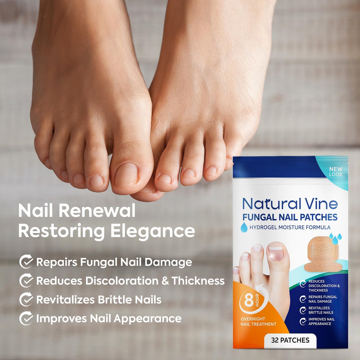Natural Vine Nail Care Patches: Hydrogel Moisture Patches for Toenails and Fingernails, 8-Hour Nighttime Nail Care, Easy-to-Apply Nail Wraps, 32 Pcs, 2 Packs