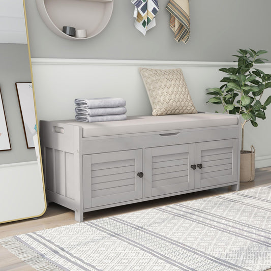 Bellemave Storage Bench with 3 Shutter-Shaped Doors and Flip-Open Storage Box, Shoe Rack for Entryway and Hallway,Shoe Bench with Adjustable Shelves Storage Space and Removable Seat Cushion, Gray Wash