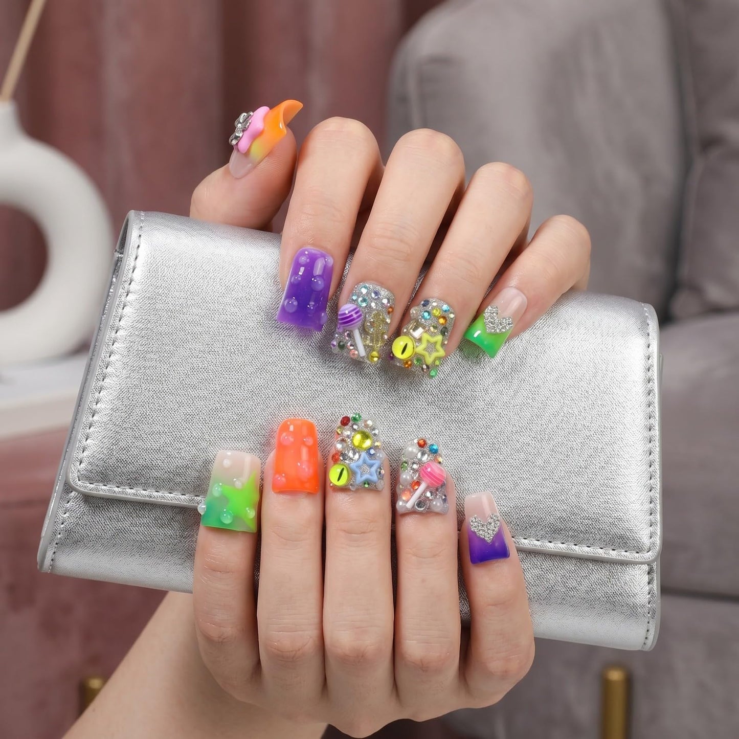 Luxury Colorful Handmade Press on Nails Duckbill Mediu Fake Nails with 3D Candy Rhinestones Design False Nails Embossed Reusable Full Cover Glue on Nail for Women Manicure 10Pcs (Size M)