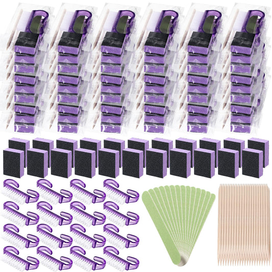 Leriton 100 Sets Mothers Day Professional Disposable Manicure Kit Basics 4 Piece Nail Kit Wood Nail File 100/180 Grit, Mini Buffer 80/100 Grit, Wood Stick and Handle Grip Brush Gifts(Purple)