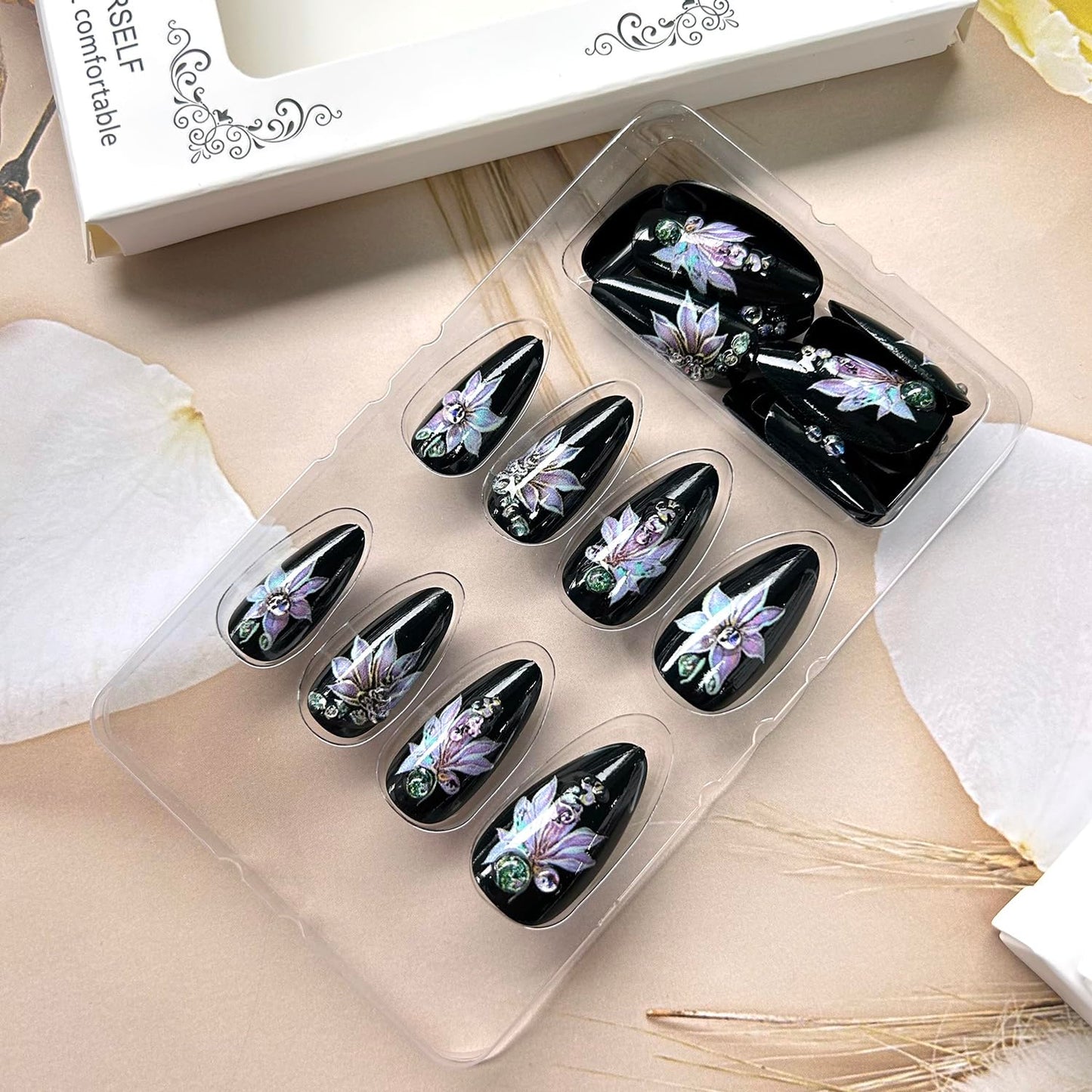 TBRZTR 24Pcs Black Press on Nails Almond Shaped Medium Flower with Rhinestones Design Full Cover Glossy Almond Fake Nail Reusable Artificial Stick on Nail Acrylic Press Ons Glue on Nail for Women