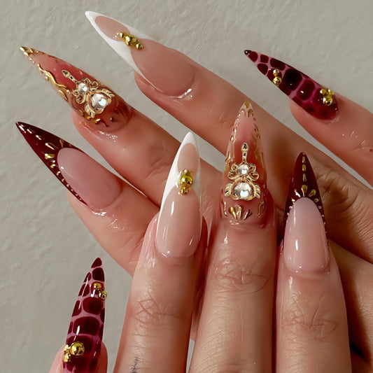 SEENEEY Almond Press on Nails Long Fake Nails French Red Artificial Nail with Rhinestones Designs Gold Charm Stick on Nail for Women 24pcs
