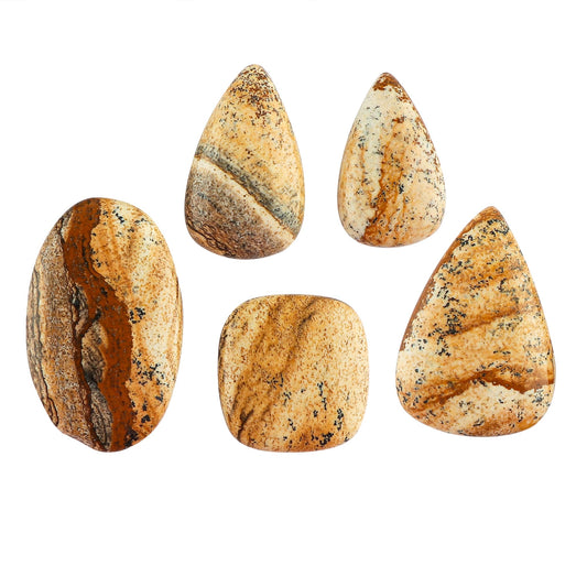 CRYSTALINES 5pcs, Natural Picture Jasper Gemstone, Bulk Cabochon Stone, Wholesale Polished Loose Supply, DIY Craft-Jewelry Making, Chakra Healing Crystal, Wire Wrapping, Gem Collection