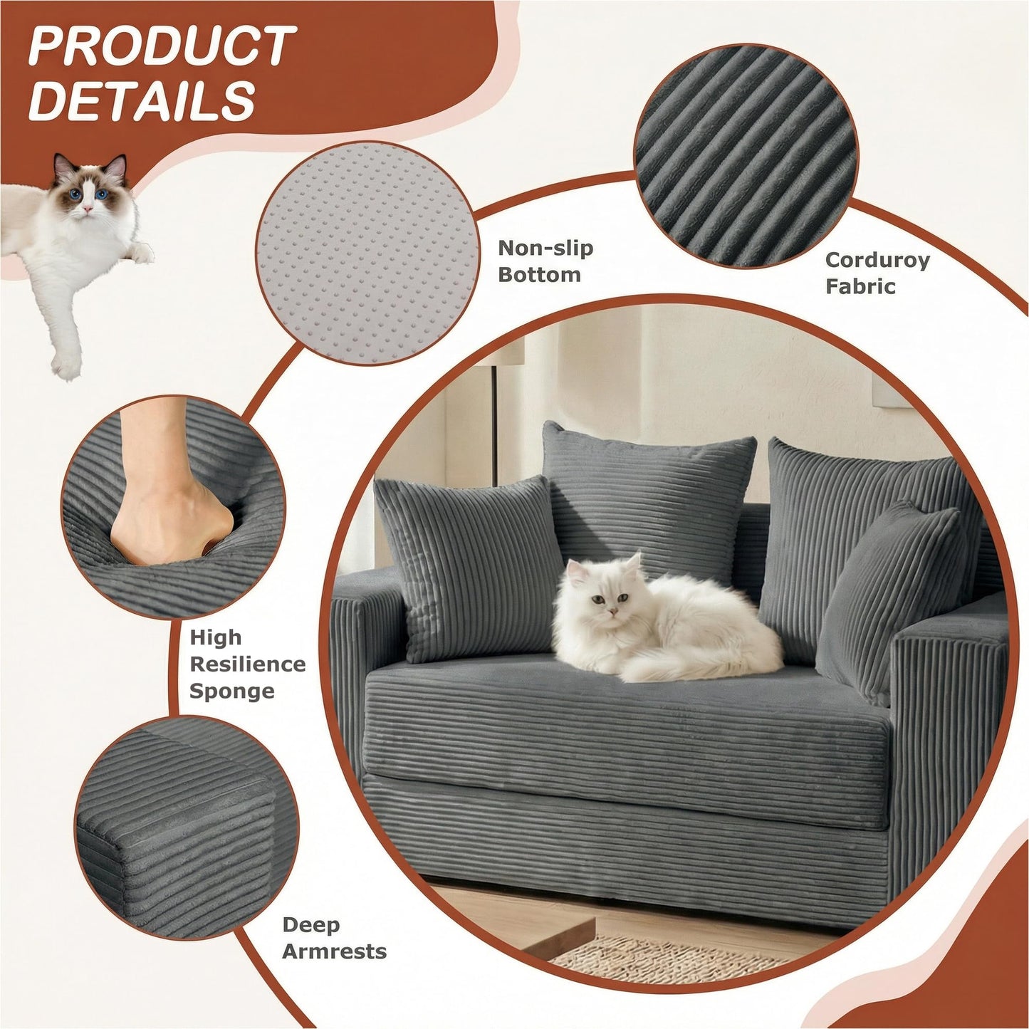 AOLVDOW Convertible Sofa Bed, 5 in 1 Small Boneless Couch Pull Out Loveseat Sleeper Sofa,Corduroy Futon Couch Folding Mattress with 4 Pillows for Living Room Bedroom Lounge (No Assembly)