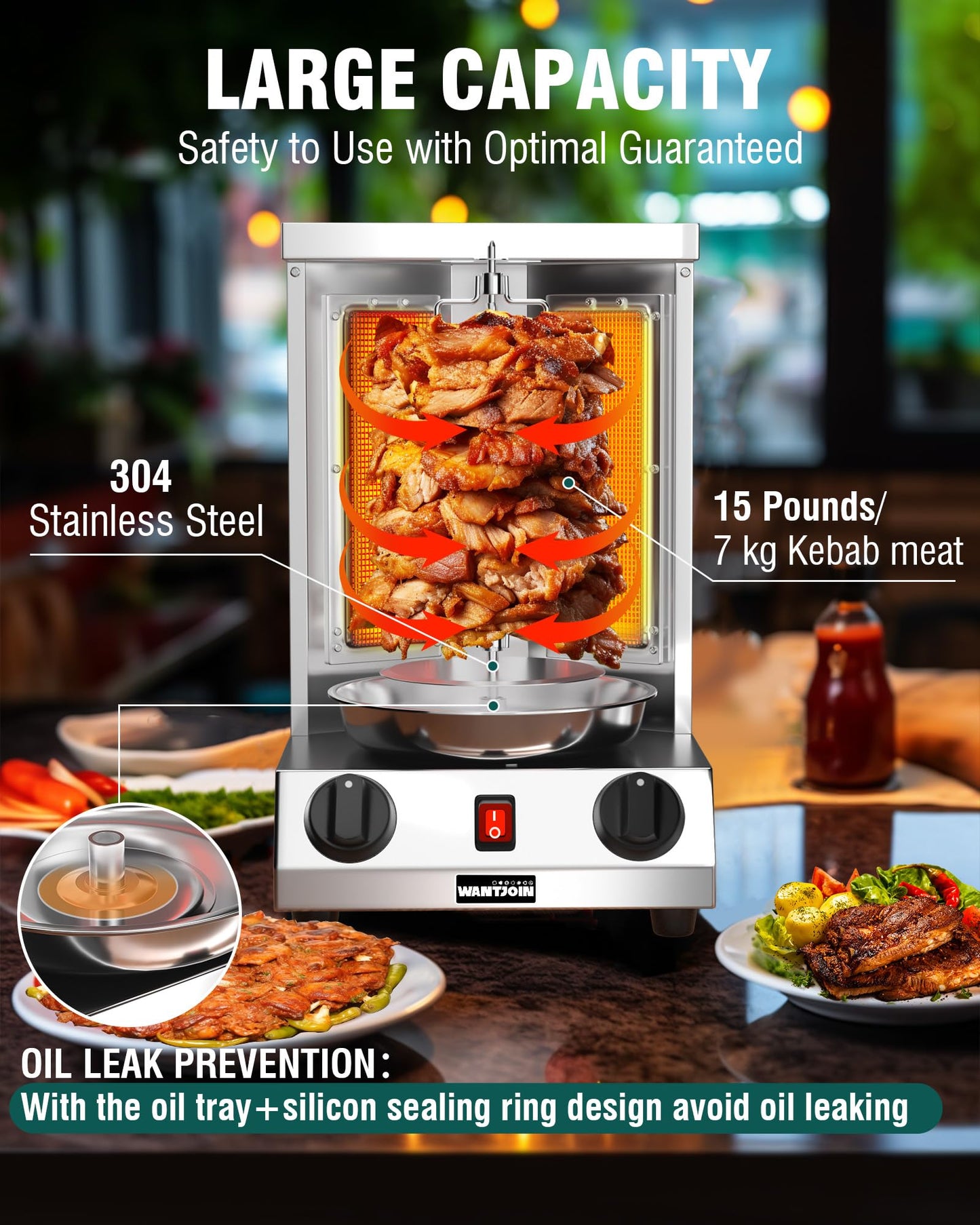 WantJoin Shawarma Grill Machine - Gas Vertical Rotisserie with 2 Burners for Home, Countertop Rotating Doner Kebab Oven Broiler Gyro Maker with Shovel, 11.6 x 11.8 x 19 inches, 110V