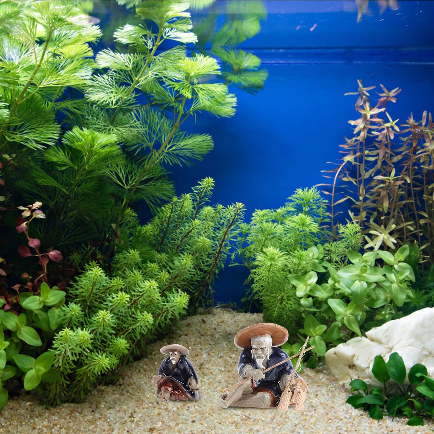 2Pcs Bonsai Collection Miniature Fisherman Figurines Ceramic Japanese Garden Decor, Mini Fishing Garden Statue, Fish Tank Landscape Ornament, Little Old Man Figure for Bonsai, Grey Brown
