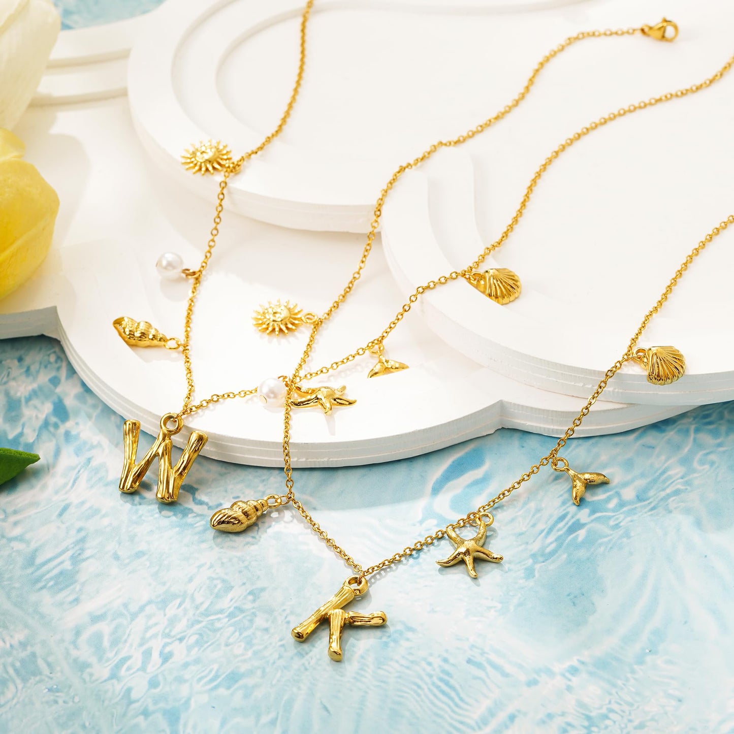 SLOONG Initial Charm Necklace 14K Gold Plated Letter Neckalce Freshwater Pearl Necklace Choker Boho Summer Seashell Beach Starfish Surfer Jewelry Gifts for Women E